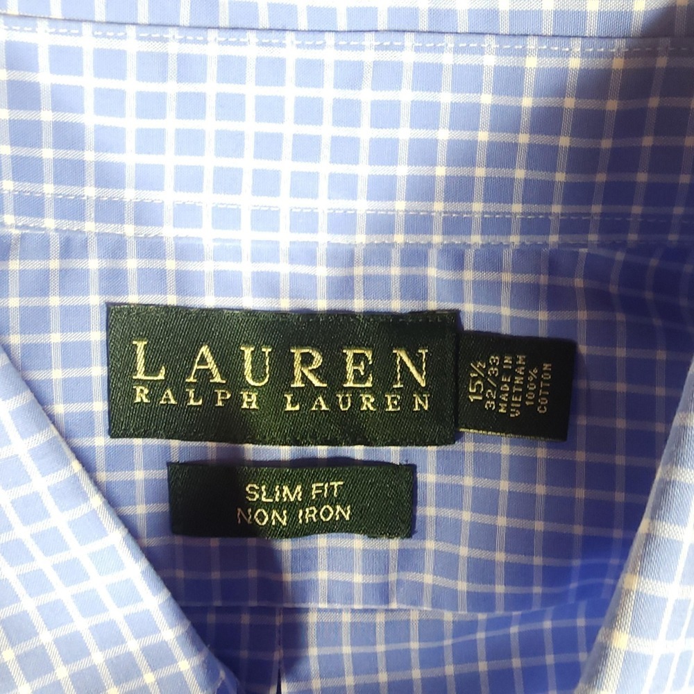 Lauren Ralph Lauren Blue Gingham Dress Shirt Mens 15.5 32/33 Slim Fit Non Iron - Picture 3 of 5